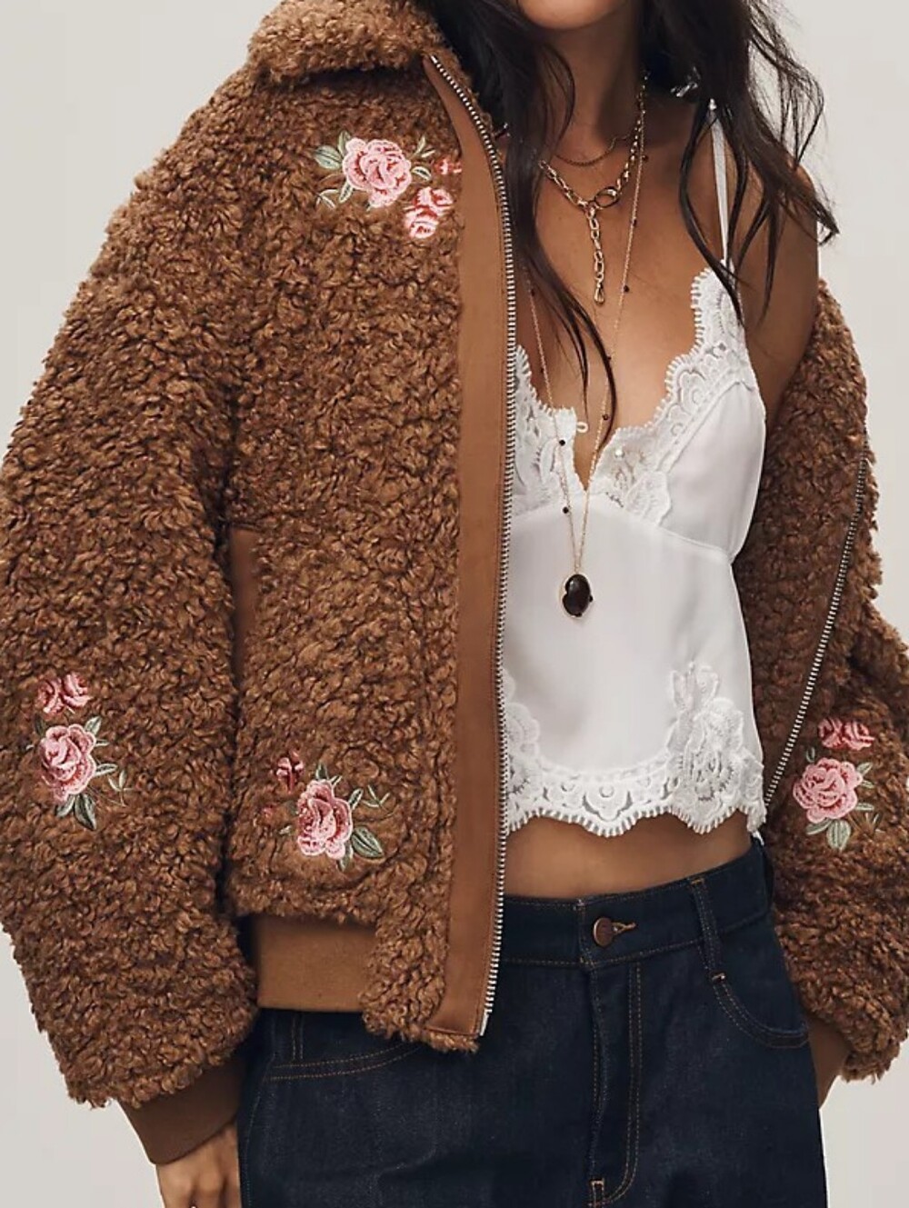 Anthropologie Floral Embroidered Sherpa Bomber Jacket XL